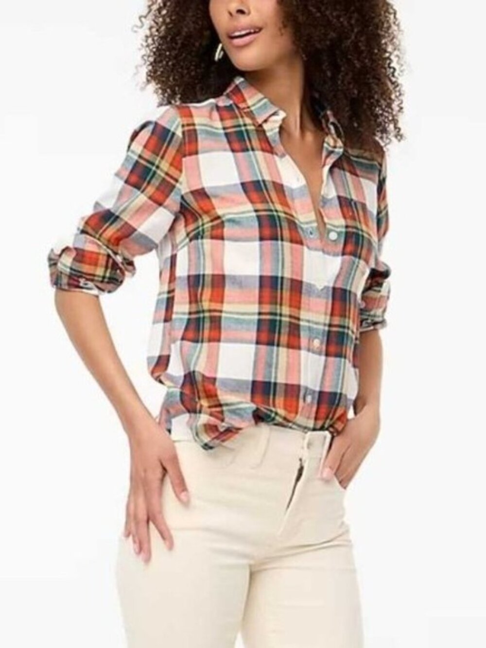 2/$30 NWT J. Crew Plaid Flannel Shirt Ivory Red Multicolor #A1801